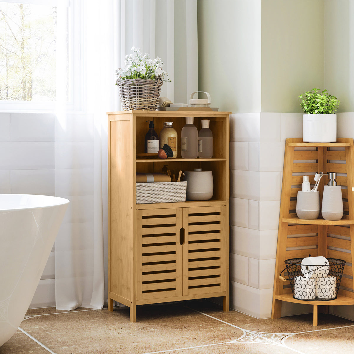 KleanKin Badezimmerschrank aus Bambus, mit Lamellentüren, 2 Regale, 1 Schrank, 50 cm x 29 cm x 92 cm – Produktabbildung 2