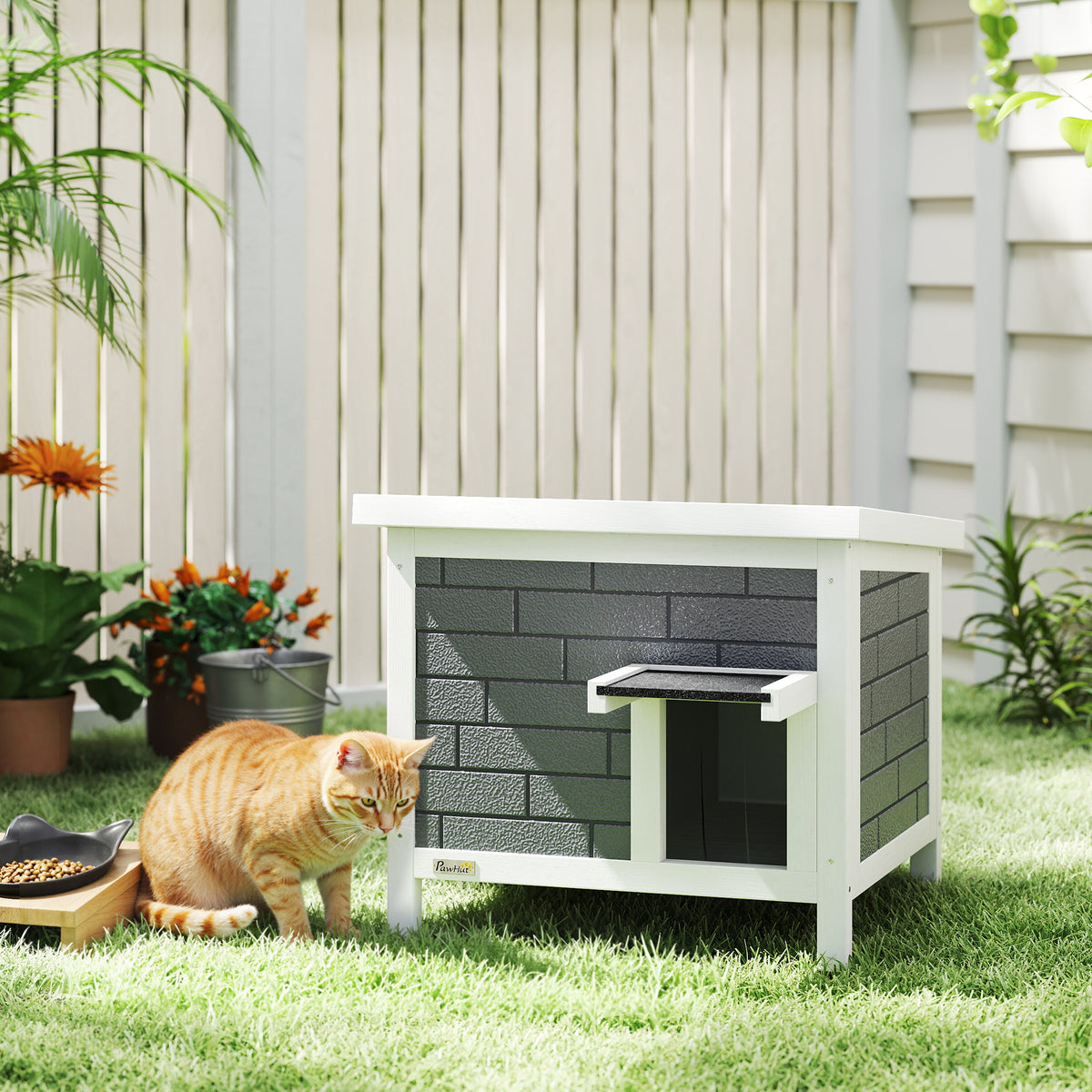 PawHut Katzenhaus Wetterfeste Katzenhütte aus Holz mit aufklappbarem Dach Aluminium-Isolierplatten – Produktabbildung 2
