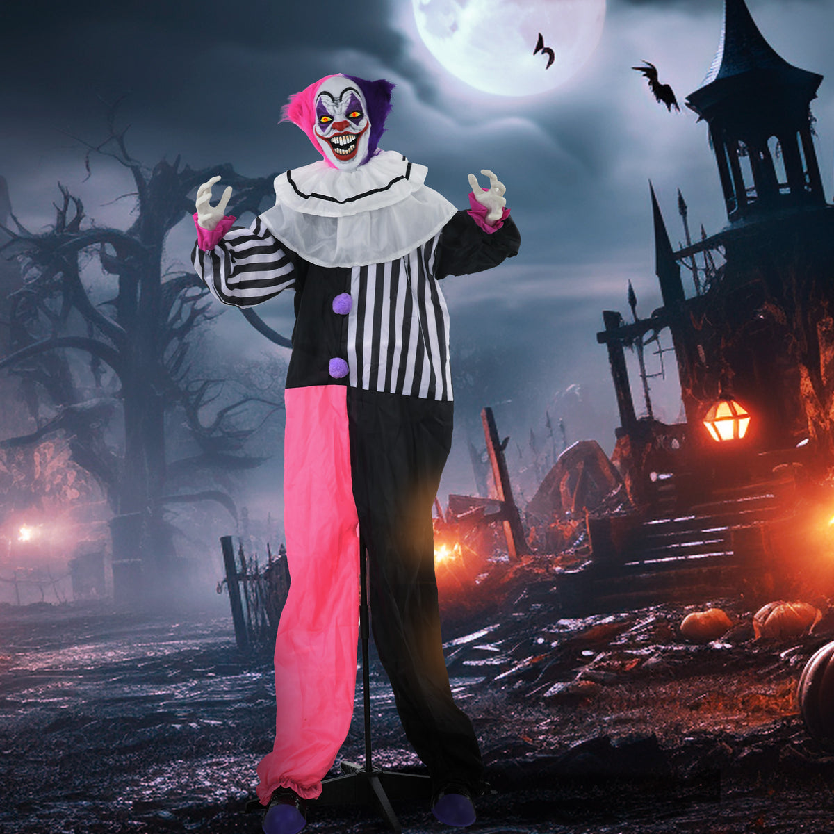 HOMCOM Grusel-Clown Halloween-Dekoration, beweglich, Lach-Funktion, Pink+Lila – Produktabbildung 2