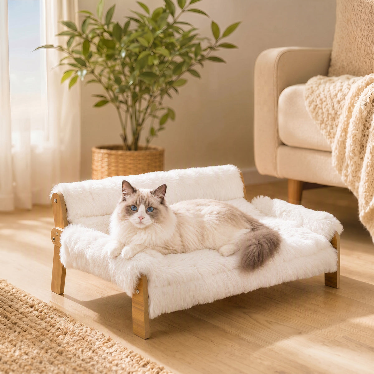 PawHut Erhöhtes Katzenbett mit Holzrahmen, abnehmbarem Bezug Baumwollfüllung rutschfesten Füßen, für – Produktabbildung 2
