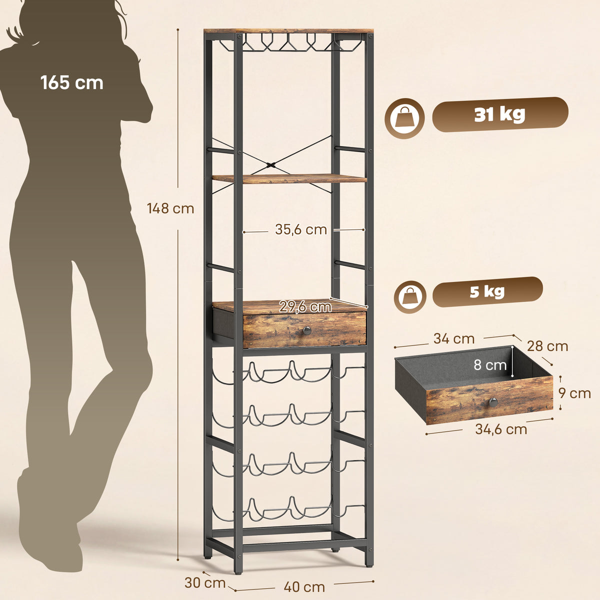 HOMCOM Weinbar-Schrank mit Schublade, Industrieller Barschrank, Weinregal für 12 Flaschen, Glashalter – Produktabbildung 3