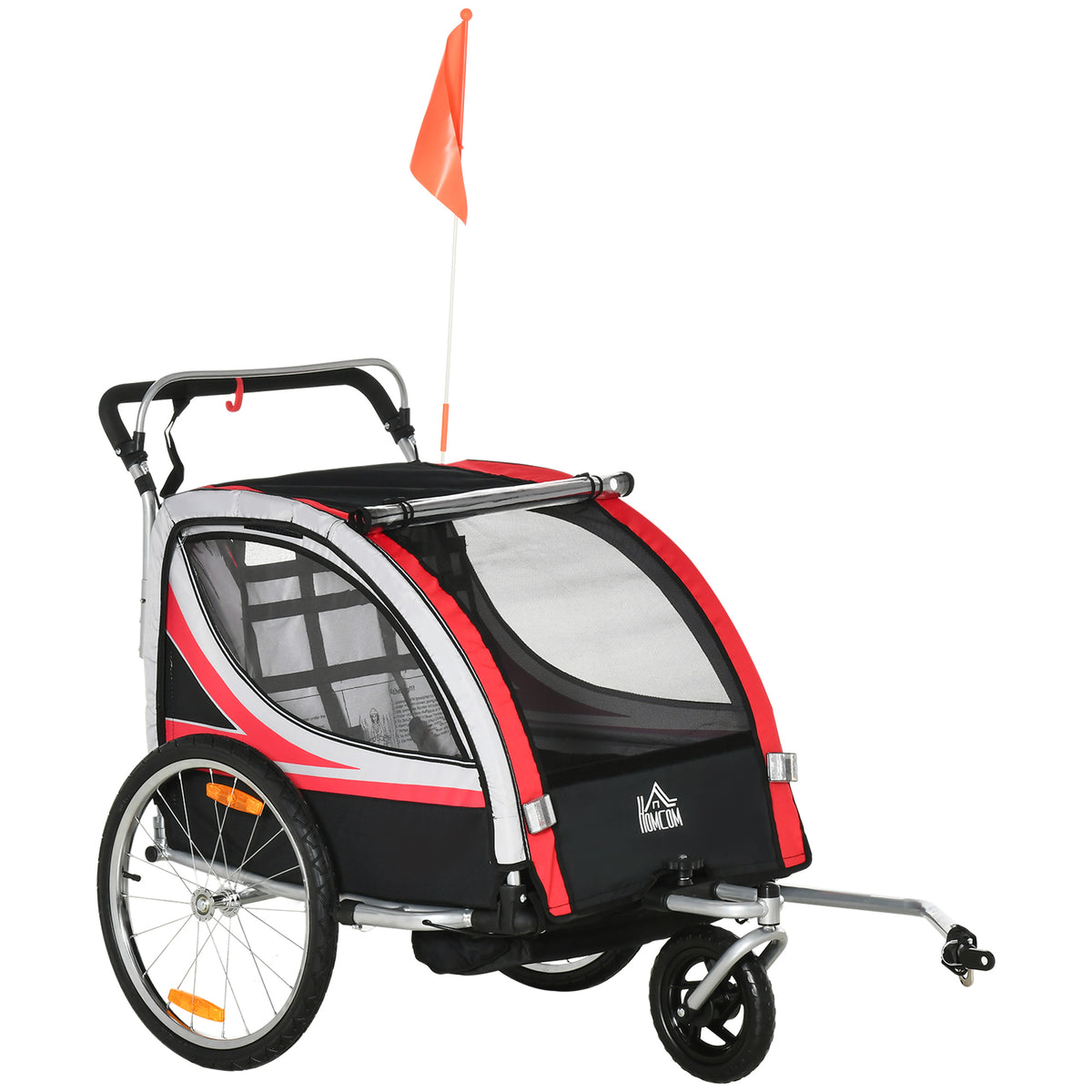 HOMCOM Kinderfahrradanhänger, 2-in-1, Joggerfunktion, wetterfeste Plane, Stahlrahmen, rot+schwarz, 142 x 75 x