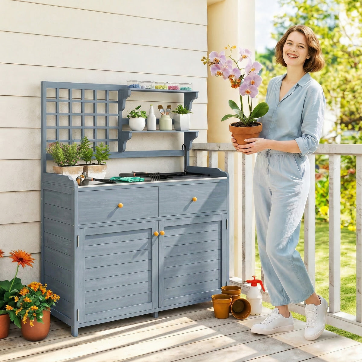 Outsunny Pflanztisch mit Unterschrank Outdoor Holz Gartenschrank mit verzinkter Arbeitsplatte 2 – Produktabbildung 2