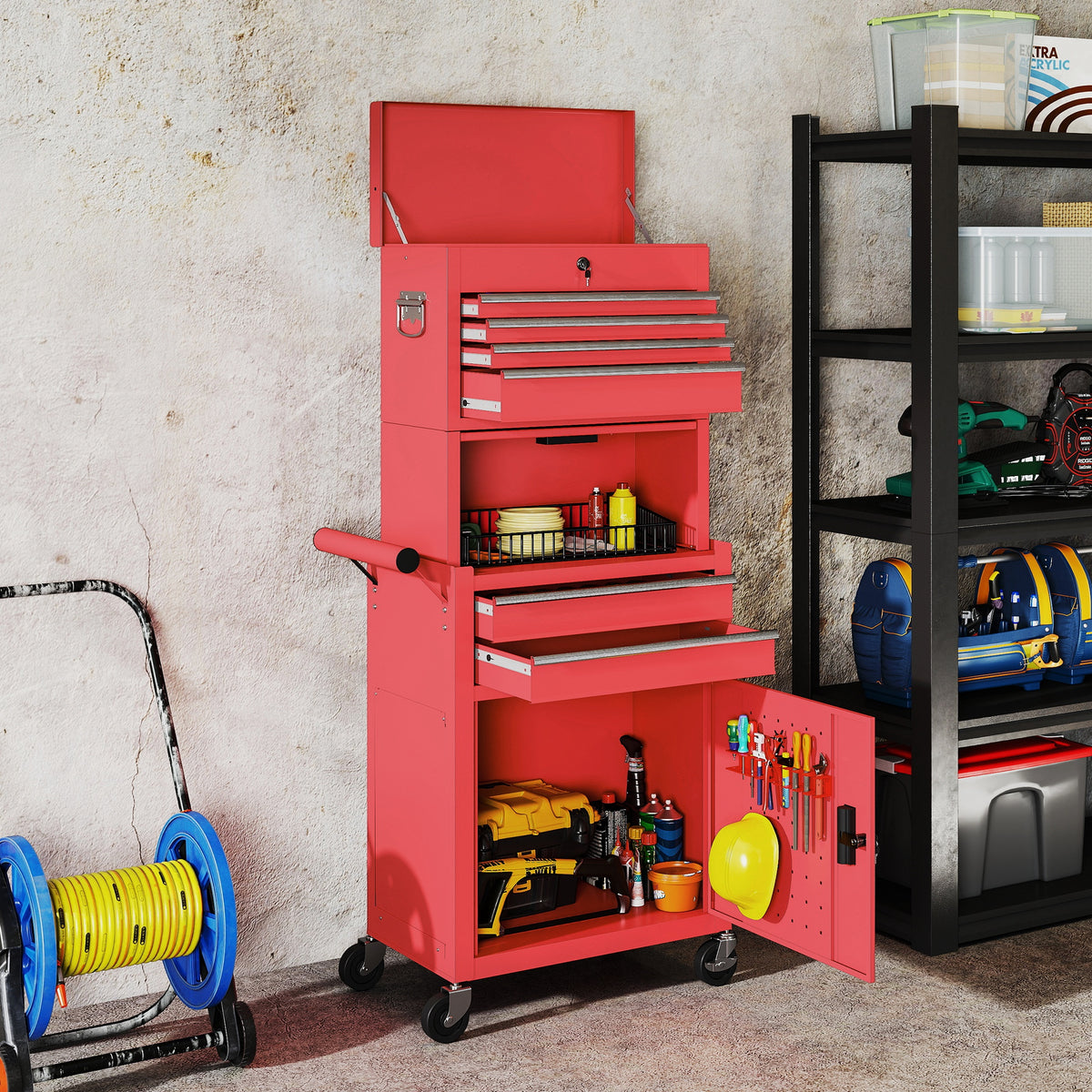 HOMCOM Rollbarer Werkzeugschrank, 6 Schubladen, 2 Schränke, Stahl, verschließbar, Rot – Produktabbildung 2