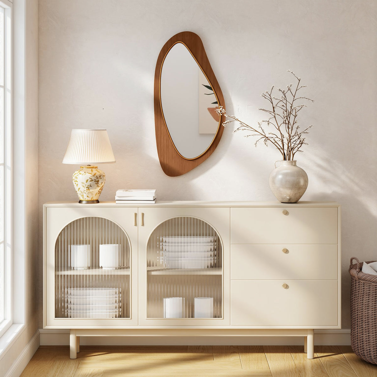 HOMCOM Wandspiegel Fenster Spiegel mit Kieferfurnierrahmen für Schlafzimmer Wohnzimmmer, 91,5 x 45 x 3 – Produktabbildung 2
