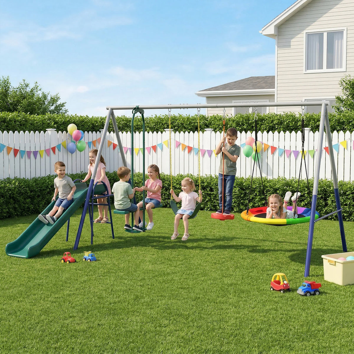5 in 1 Schaukelgestell mit Rutsche höhenverstellbar Schaukelgerüst mit Nestschaukel 382x196 x203 cm – Produktabbildung 2
