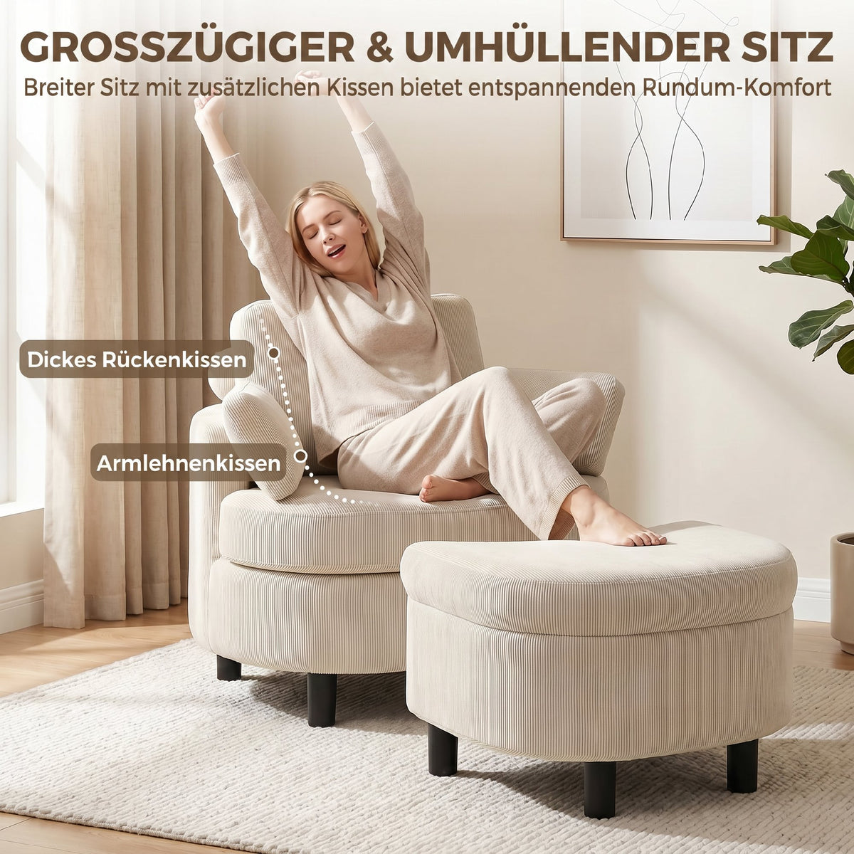 HOMCOM Sessel mit Aufbewahrungshocker, Cord Bezug, Rundum-Lesesessel mit Verstellbarer Kopfstütze – Produktabbildung 6