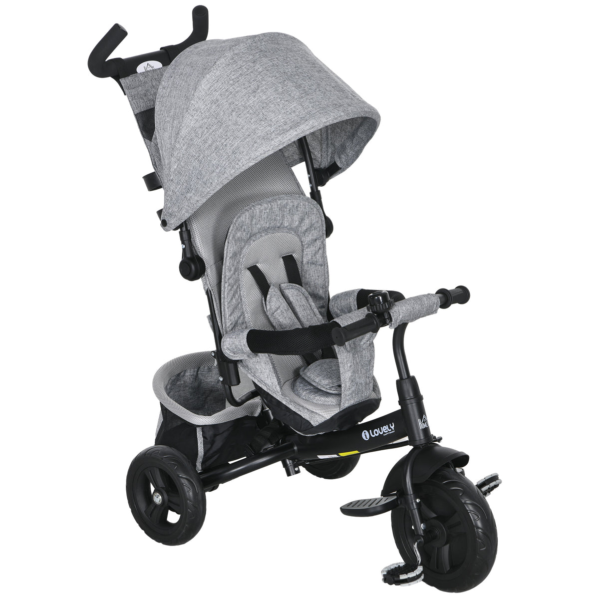 HOMCOM Kinder-Dreirad, Kinderfahrrad, Rückenkorb, Becherhalter, Sonnendach, Metall, Grau