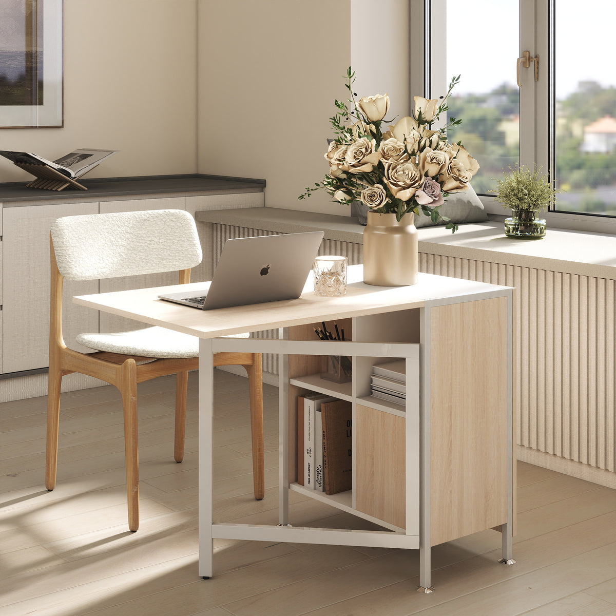 Klapptisch Esstisch Beistelltische Ablagefläche für Wohnzimmer Küche Eiche Holz Metallrahmen Natur+Weiß – Produktabbildung 2