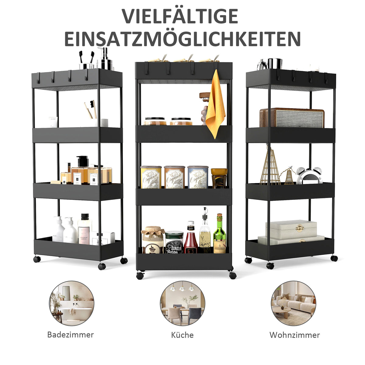 HOMCOM Küchenwagen mit 4 Regalen, 4 flexiblen Haken, 4 Rollen, 40 cm x 19 cm x 90 cm, Nischenwagen – Produktabbildung 6