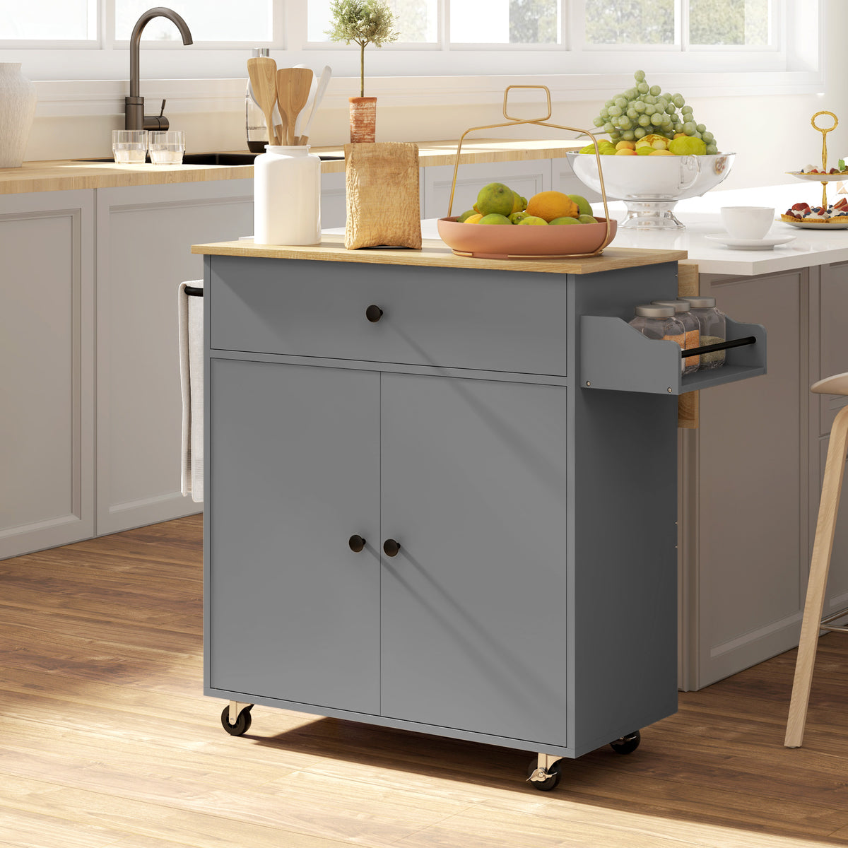 HOMCOM Küchenwagen mit Schublade, Schrankfach, Handtuchstange, 106 x 42 x 87 cm, Grau/Eiche – Produktabbildung 2