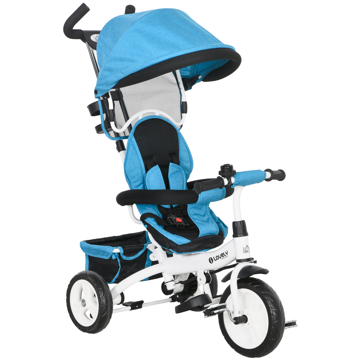 HOMCOM 6-in-1 Kinderdreirad mit Schiebestange, Dach, Gurt, Ablagekorb, für 1-5 Jahre, Blau