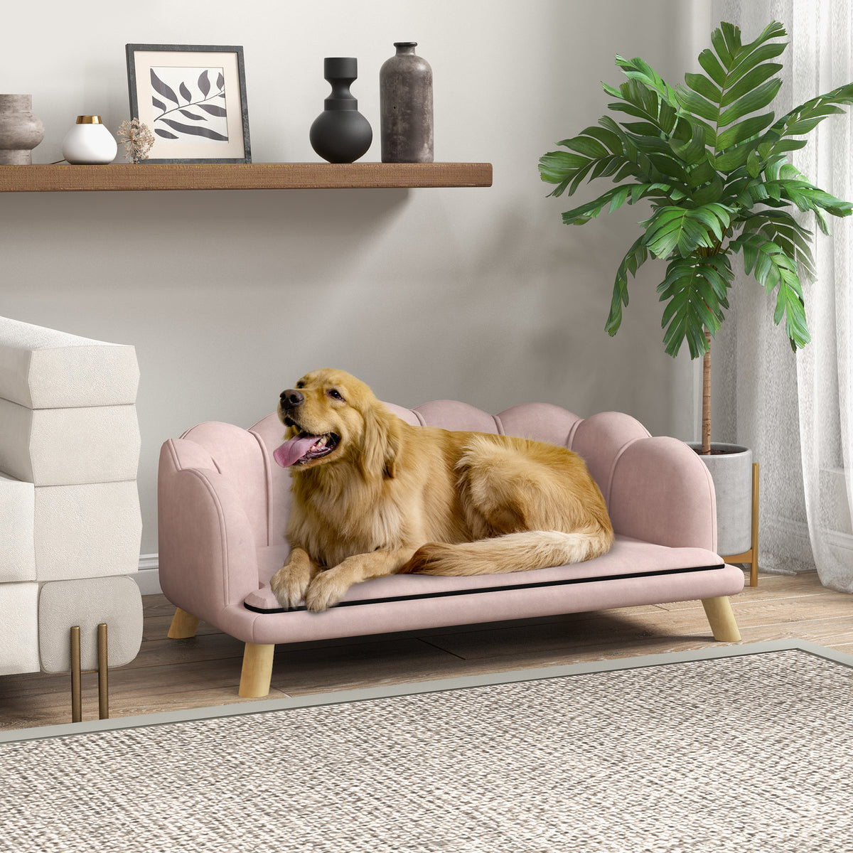 PawHut Haustiersofa für mittelgroße und große Hunde bis 25 kg, robustes Holz, gepolstert, Rosa – Produktabbildung 2