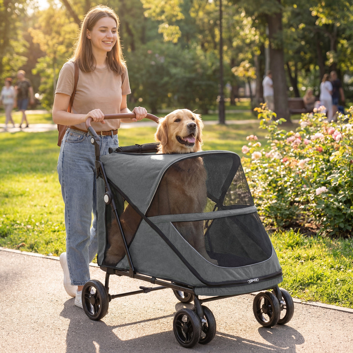 PawHut Hundewagen Faltbar Hundebuggy für große Hunde bis 30 kg mit 360°Drehrädern Netzfenster Kissen – Produktabbildung 2