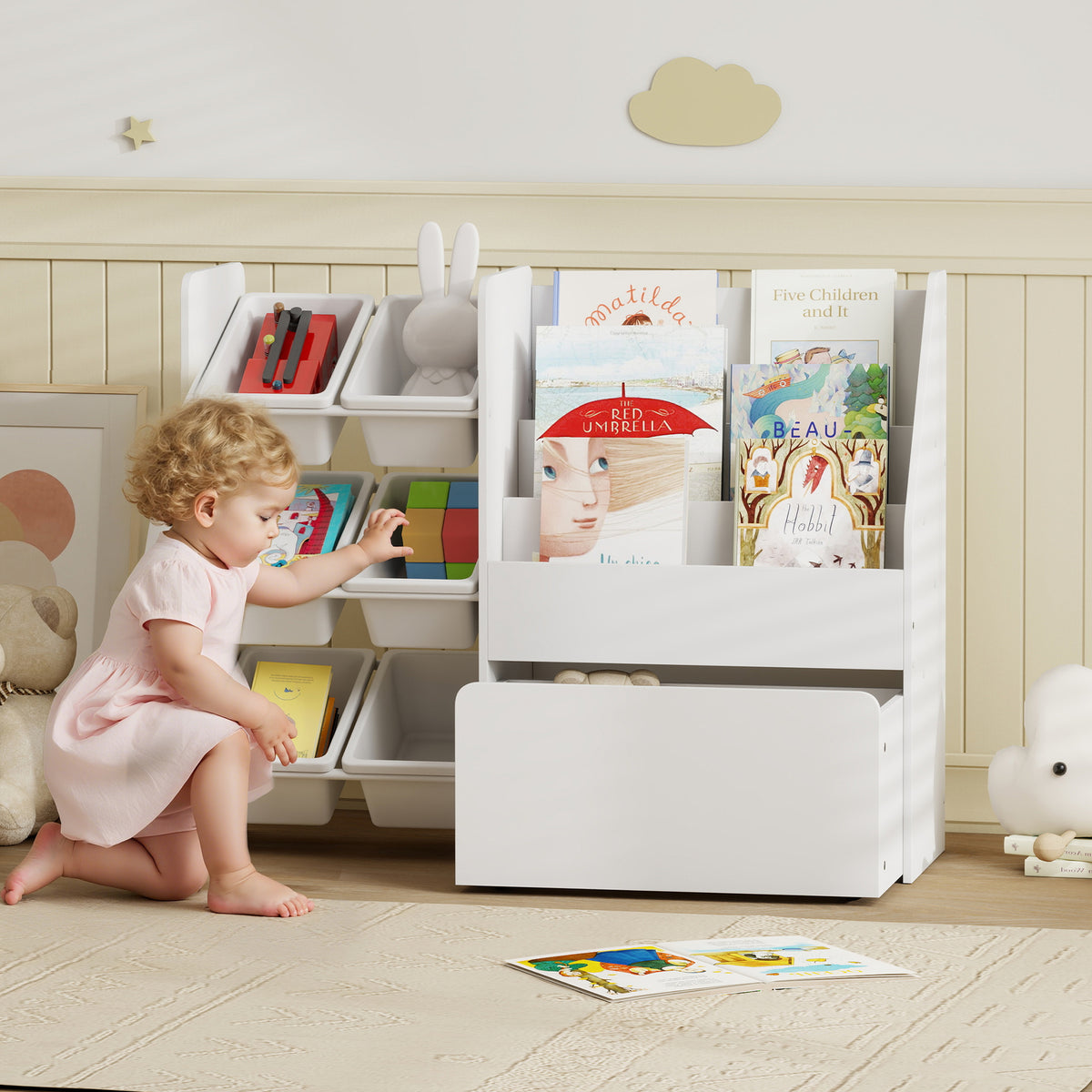 Spielzeugregal, Kinderzimmerregal mit 6 Behälter, Bücherablage, rollbare Box, 100 x 30 x 80 cm, MDF – Produktabbildung 2