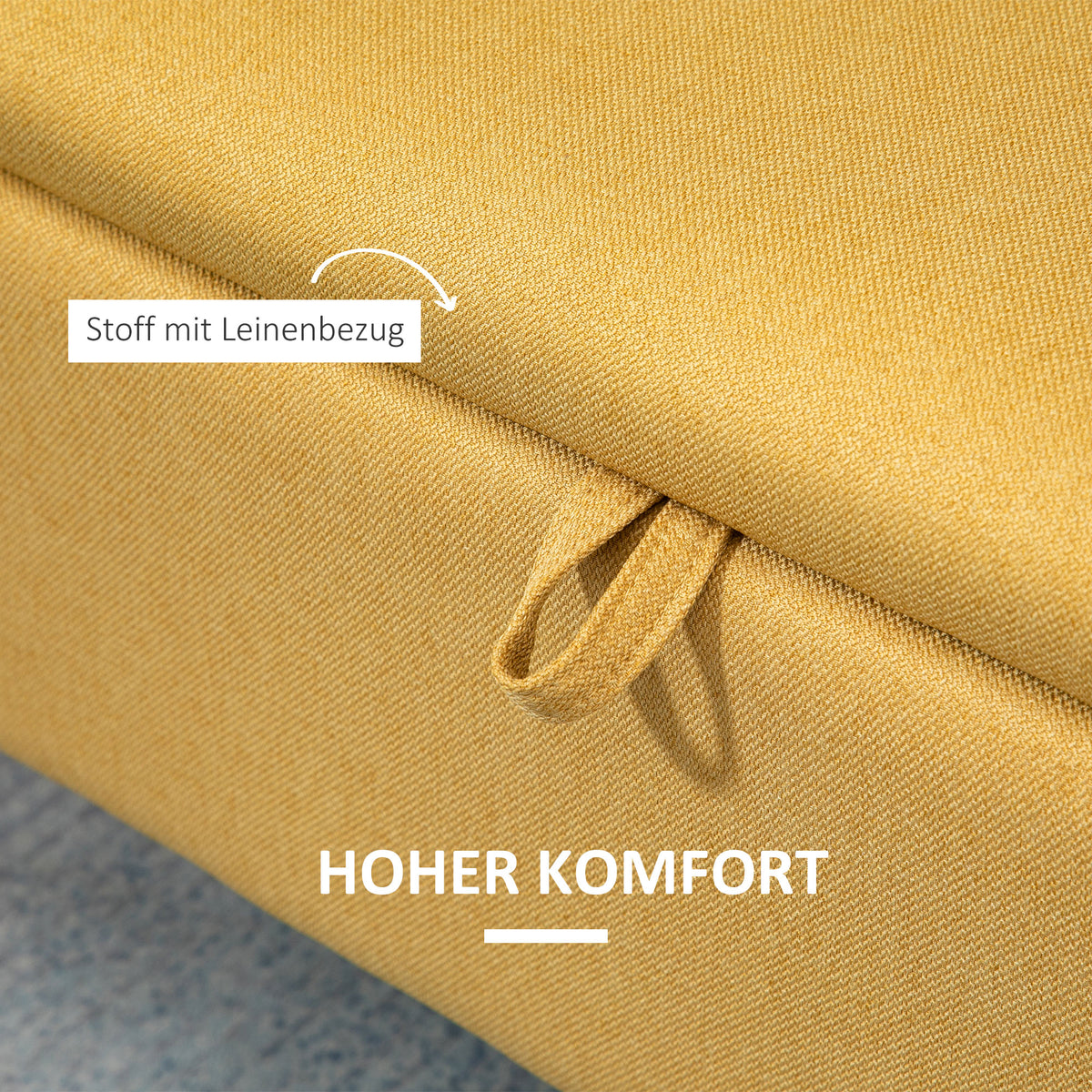 HOMCOM Sitzbank, Sitztruhe, Polsterbank, Leinenoptik, bis 150kg, 101x38,5x44,5 cm, Gelb – Produktabbildung 6