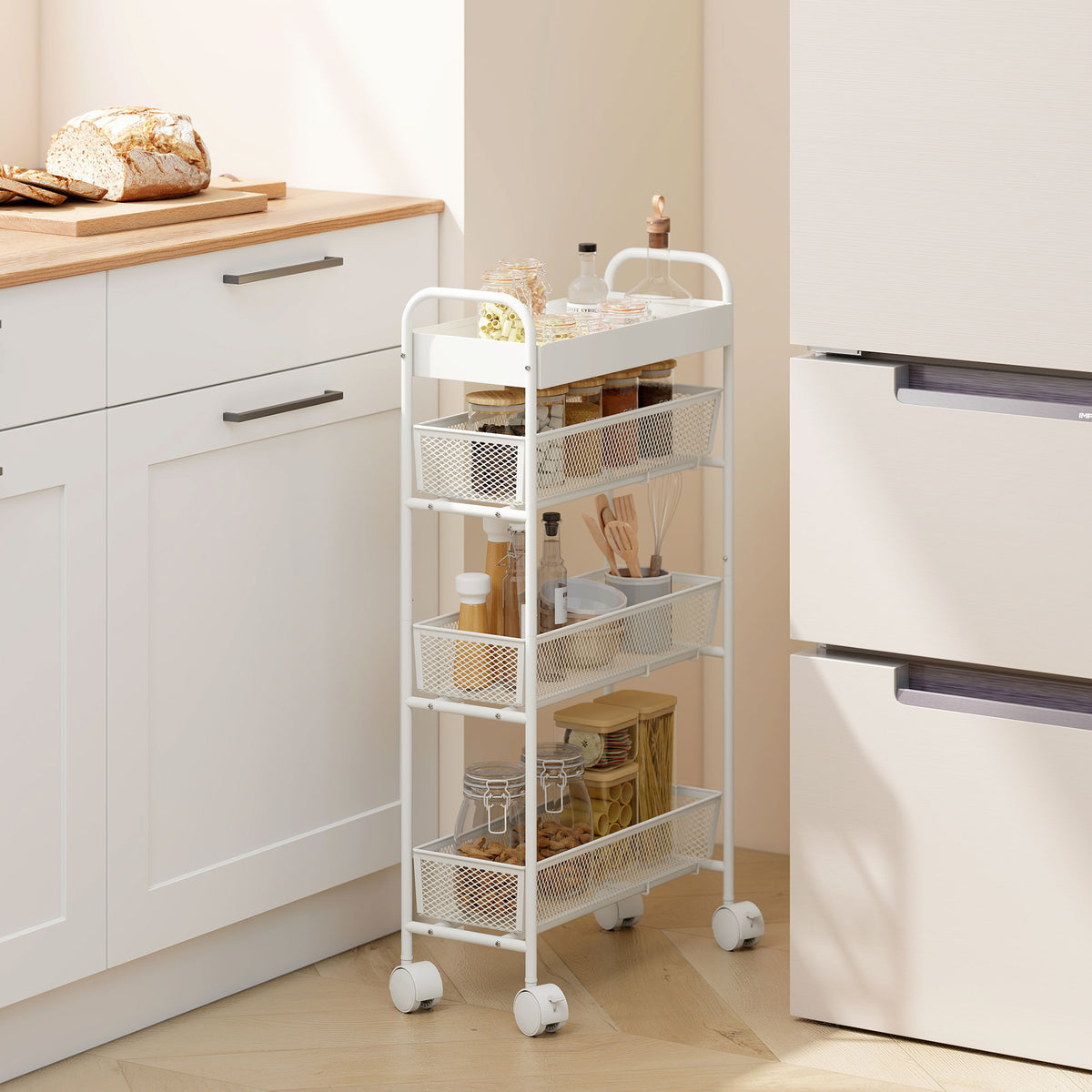 HOMCOM Küchenwagen aus Metall, 3 Körbe, schmales Design, 4 Räder, für Küche, Wohnzimmer, Badezimmer – Produktabbildung 2