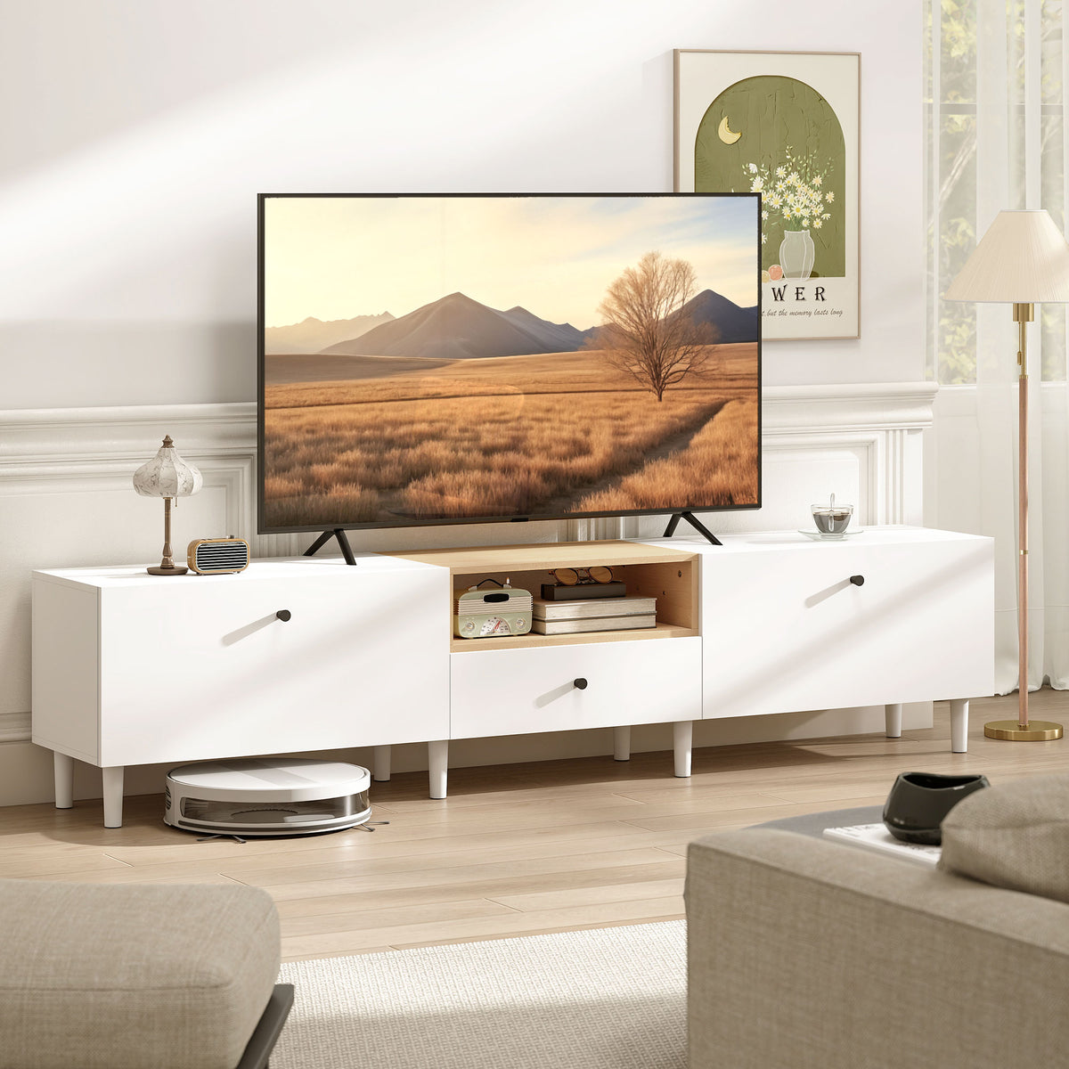 HOMCOM 200 cm TV-Kommode für Fernseher bis zu 90 Zoll, 2 Klappenfächer, offenes Fach, Schublade, 8 Beine – Produktabbildung 2