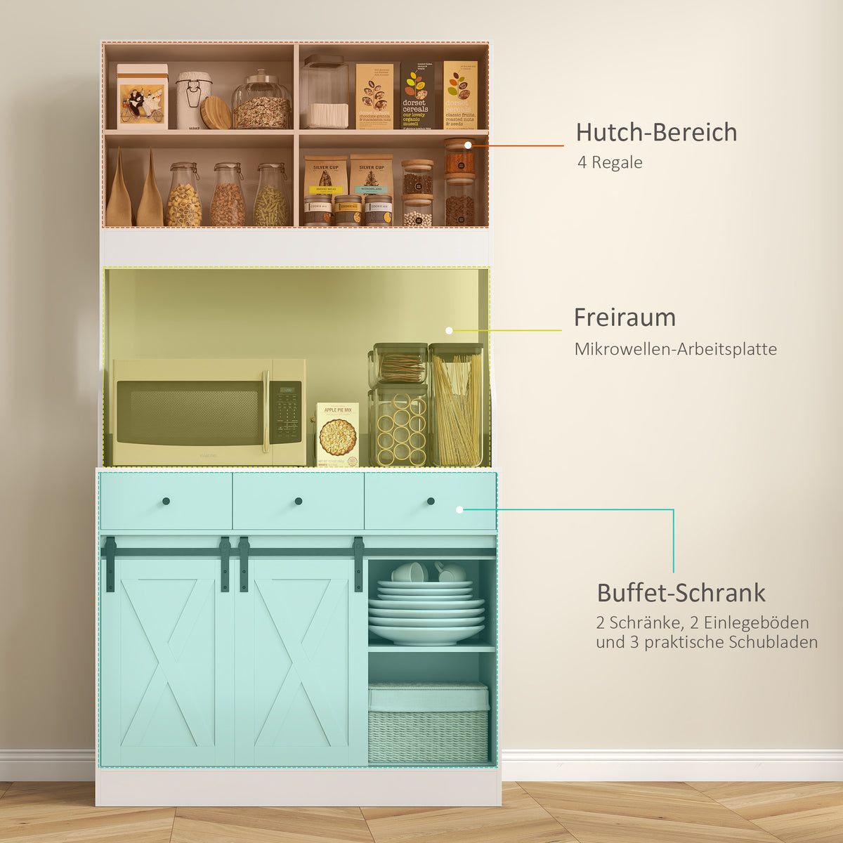 HOMCOM Küchenschrank mit Regalen, Schränken, Schubladen und Ablagefläche, Bauernhaus-Flair, verstellbare – Produktabbildung 4