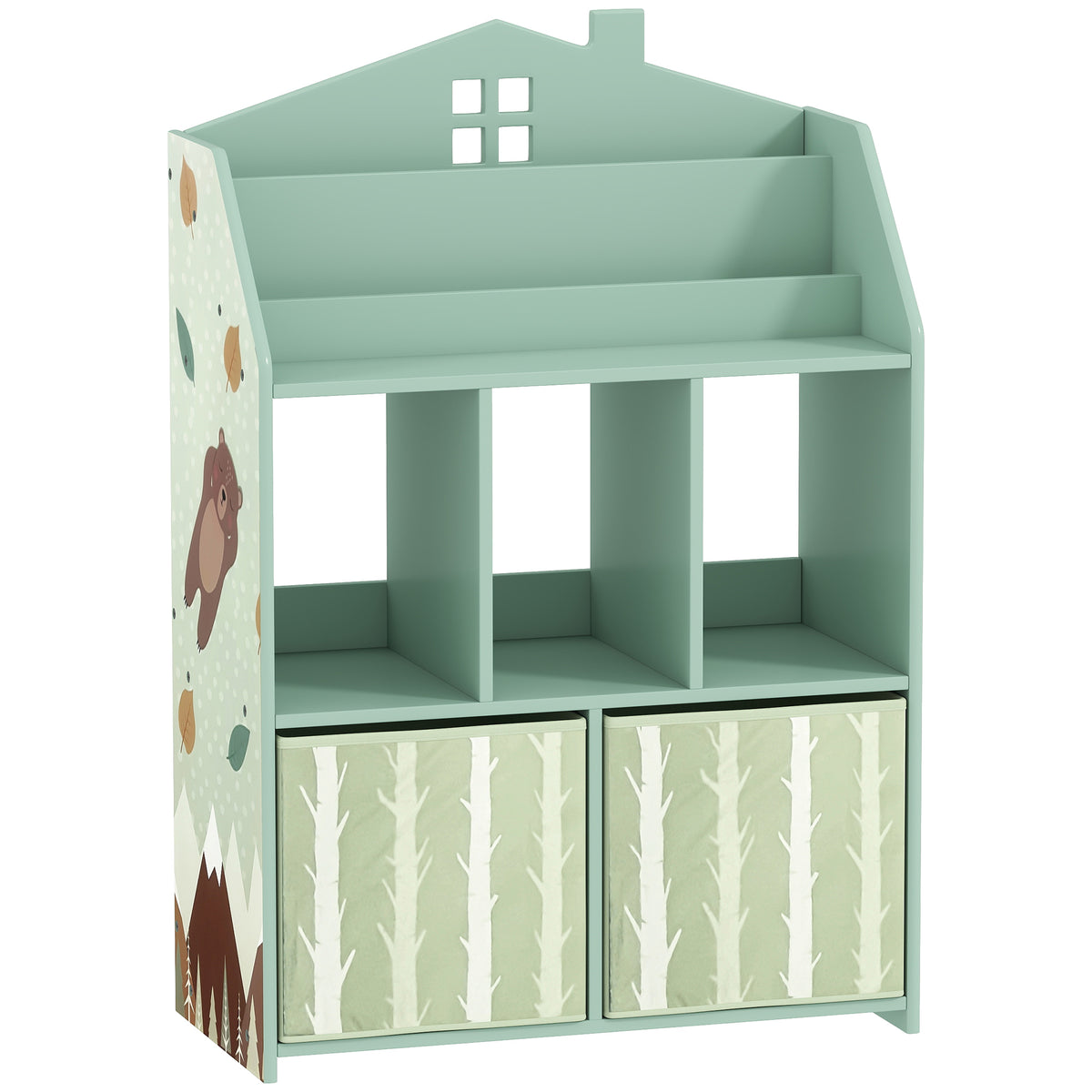 Kinderregal Bücherregal Kinder mit 2 Stoffschubladen offen Regal für 3-8 Jahre 62,5x30x91,5 cm Grün