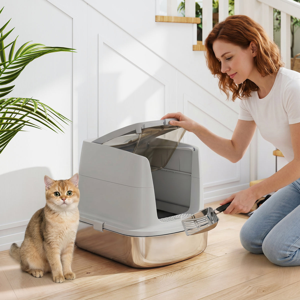PawHut Katzentoilette Edelstahl, geschlossene Katzentoilette mit Schaufel, Geruchsbeutel, Einstieg – Produktabbildung 2