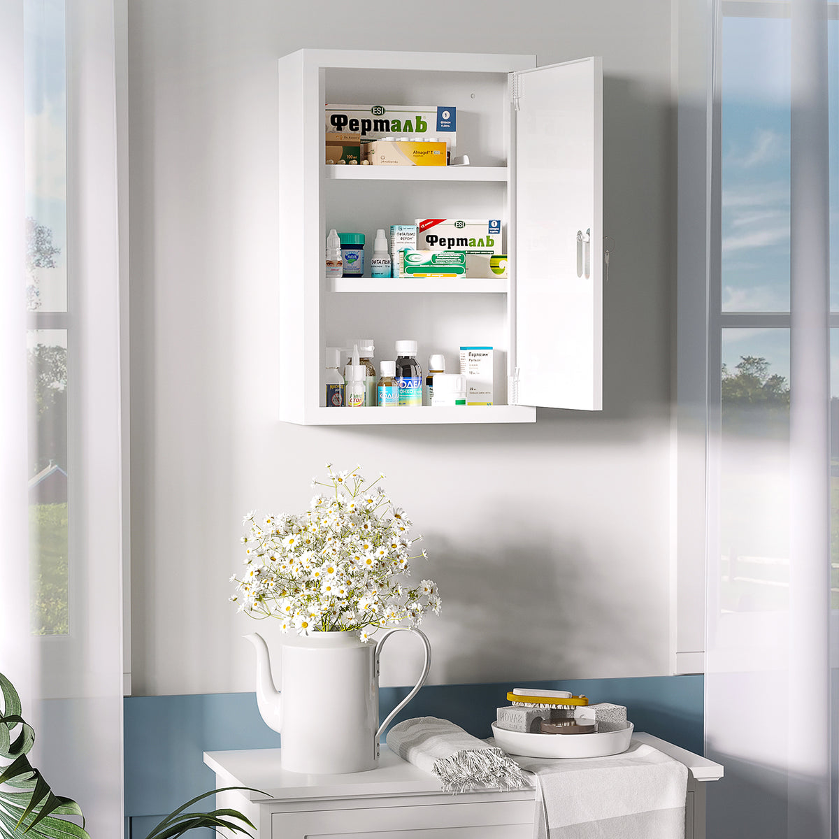 KleanKin Medizinschrank, abschließbar, Einlegeböden, Stahlgehäuse, 30x14x46 cm, Weiß – Produktabbildung 2