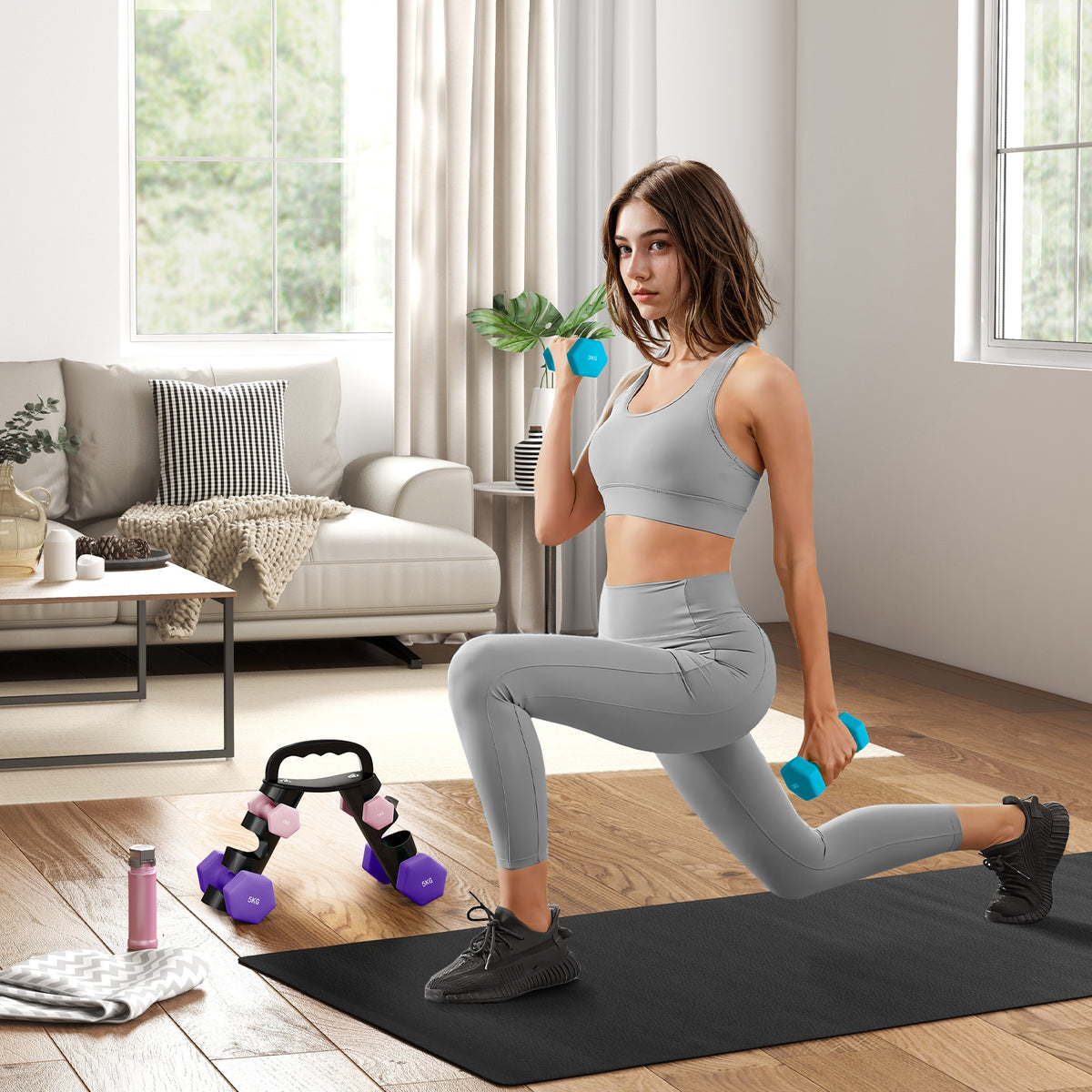 Hantelset mit Aufbewahrungsgestell, Set mit 6 Hanteln für Fitness-Training, 2 x 1kg, 2 x 3kg, 2 x 5kg – Produktabbildung 2