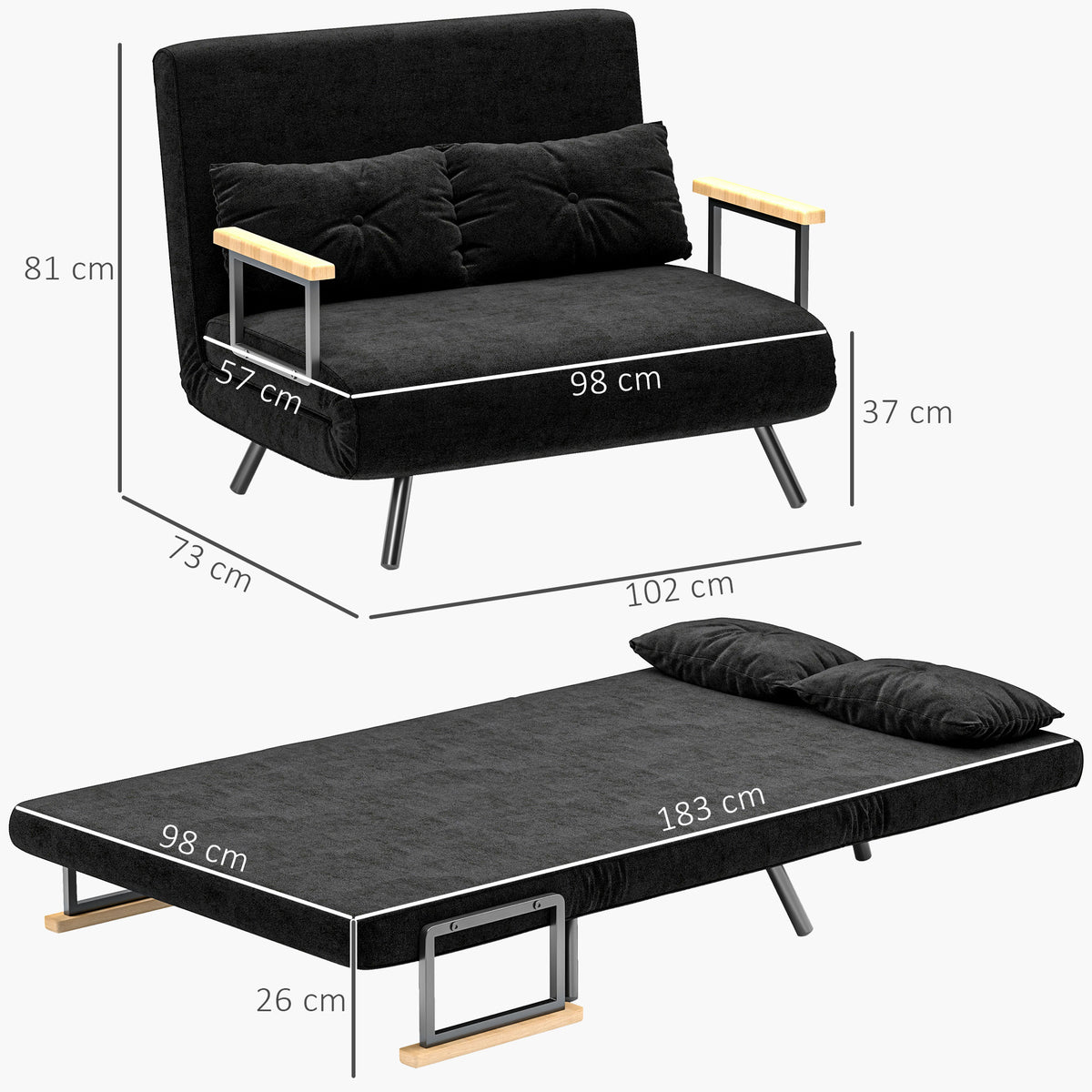 HOMCOM Schlafsofa 2er-Sofa Samtsofa, Schlaffunktion, inkl. 2 Kissen, Samtoptik, Schwarz – Produktabbildung 3