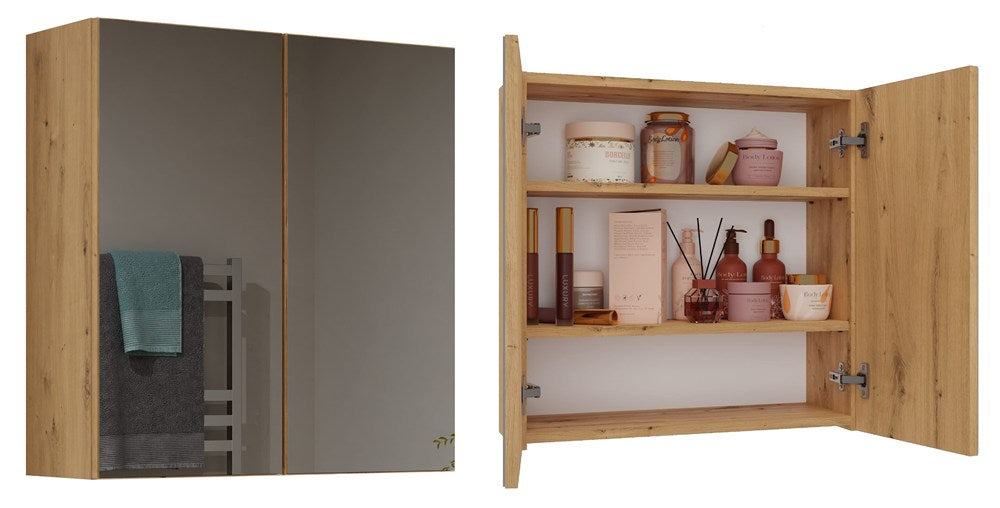 Hängender Badezimmerschrank mit Spiegel über Waschbecken POLA 2DL 2 Türen EICHE ARTISAN