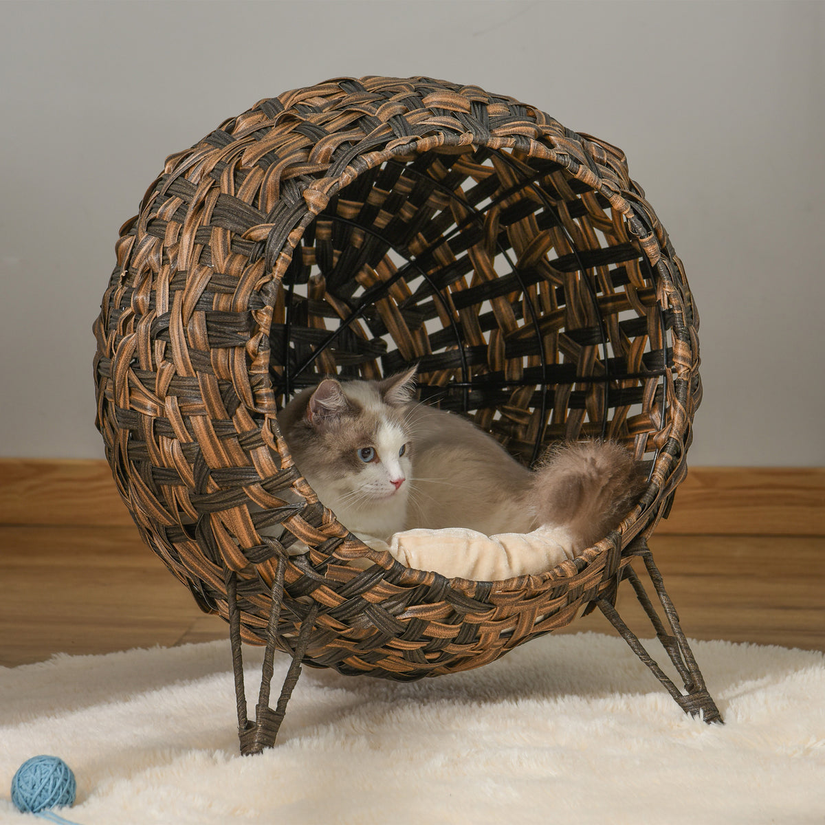PawHut Katzenhaus aus Rattan mit Kissen Katzenschlafplatz Katzenhöhle mit erhöhten Füßen Braun Ø52 x 58 – Produktabbildung 2