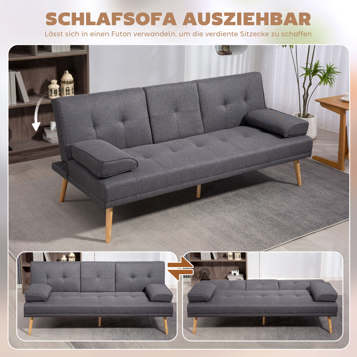 HOMCOM Schlafsofa im Skandi-Design, 3-Sitzer-Sofa, 2 Kissen, Grau + Natur – Produktabbildung 4