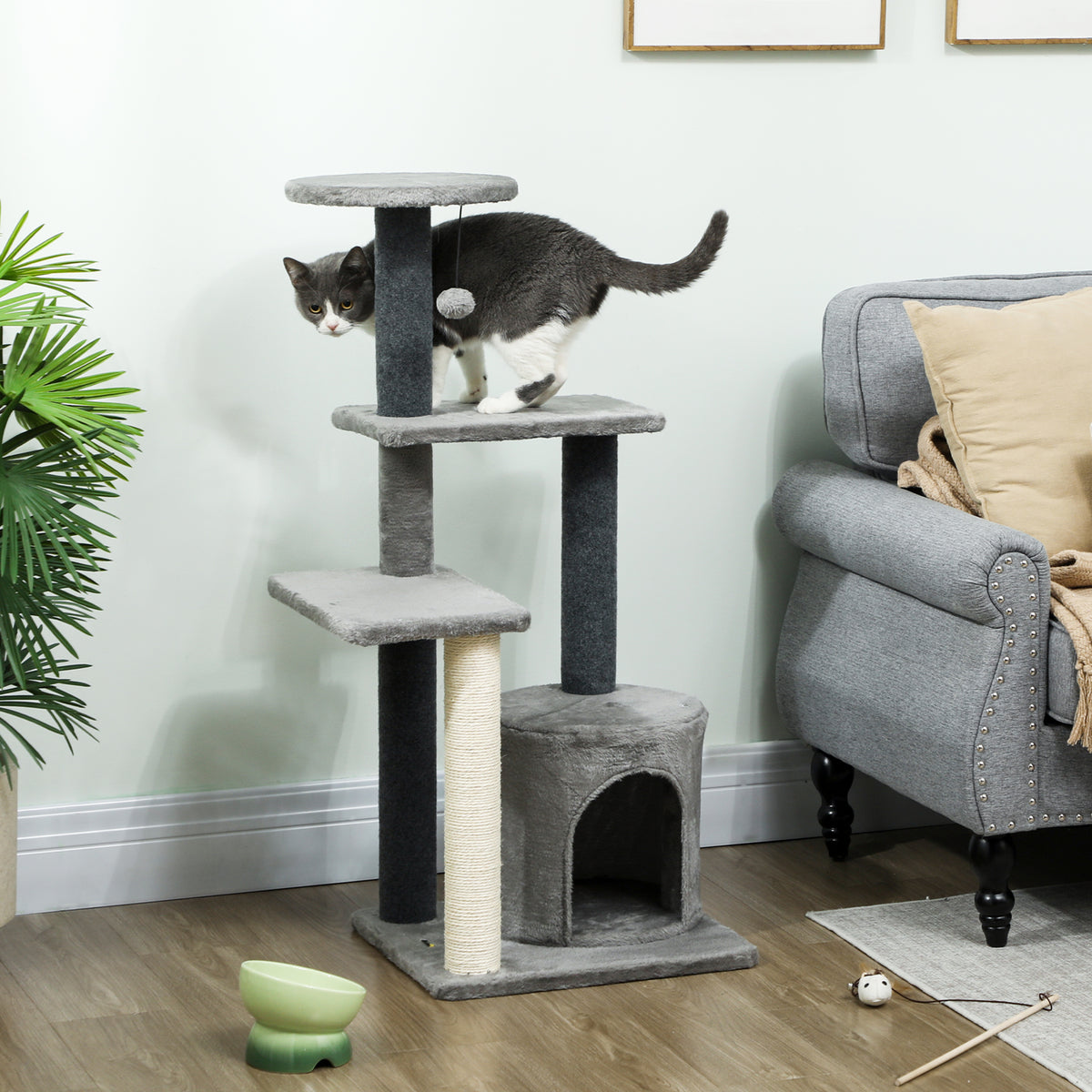 PawHut Kratzbaum 103 cm Katzenbaum mit Katzenhöhle, Plattformen, Sisal-Kratzsäulen, Plüschball für – Produktabbildung 2