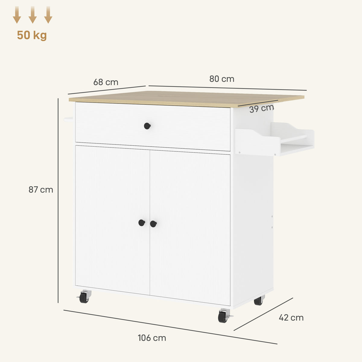 HOMCOM Küchenwagen mit Schublade, Schrankfach, Handtuchstange, 106 x 42 x 87 cm, Weiß/Eiche – Produktabbildung 3