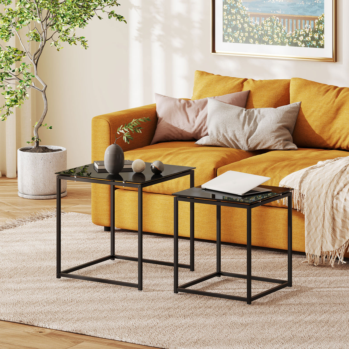 HOMCOM 2er-Set Beistelltische, modernes Design, stapelbar, Glastisch, Schwarz – Produktabbildung 2