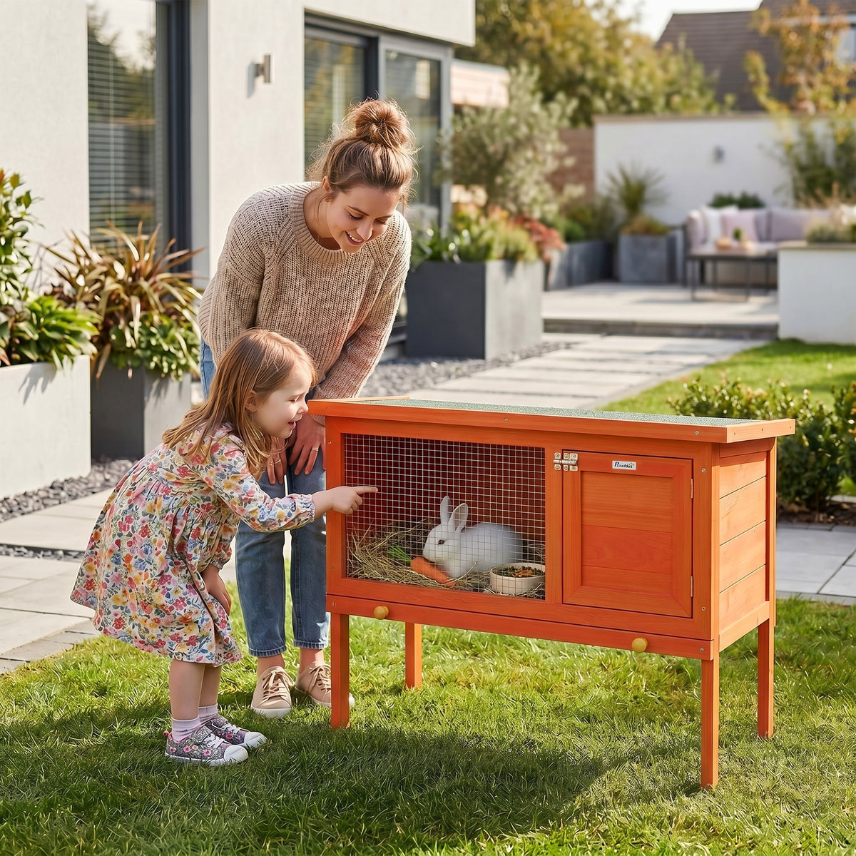 PawHut Hasenstall erhöhter Kaninchenstall aus Holz mit aufklappbar Bitumendach herausziehbarer Schublade – Produktabbildung 2