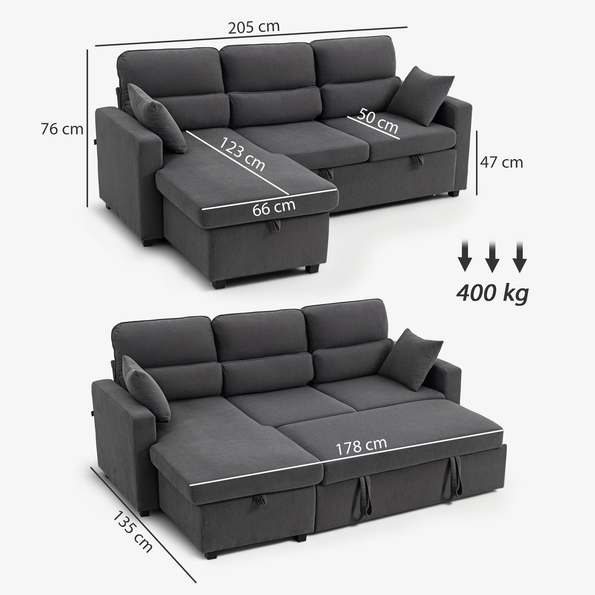 HOMCOM Verstellbares Bettsofa, L-förmiges Gästesofa mit Bettfunktion, Stauraum, Kissen, für Wohnzimmer – Produktabbildung 13