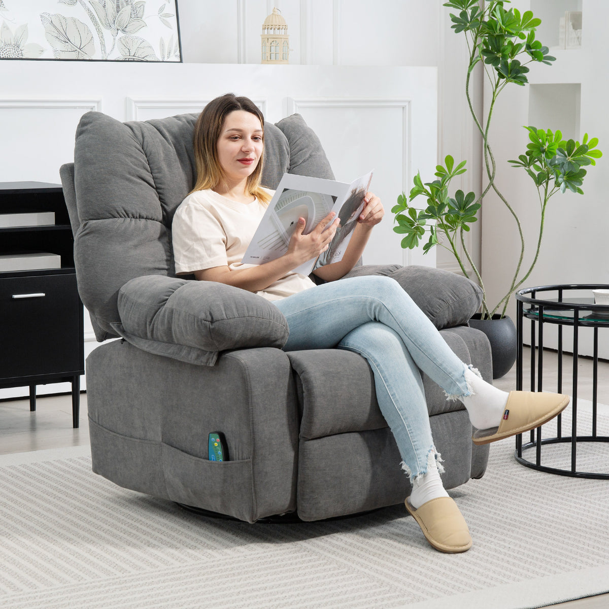 HOMCOM Relaxsessel mit Massagefunktion, Liegefunktion, Drehbarer Massagesessel, 4 Seitentaschen und – Produktabbildung 2