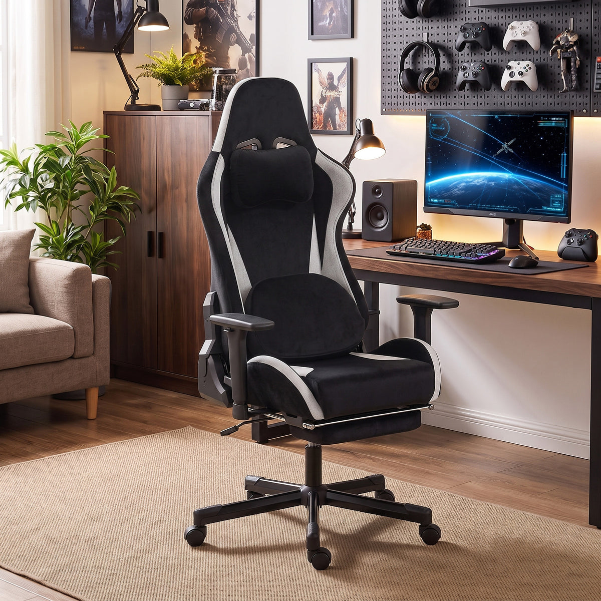 HOMCOM Gaming-Stuhl mit Massage- und beheiztem Lendenkissen, ergonomisch, Leinenoptik, 3D-Armlehnen – Produktabbildung 2