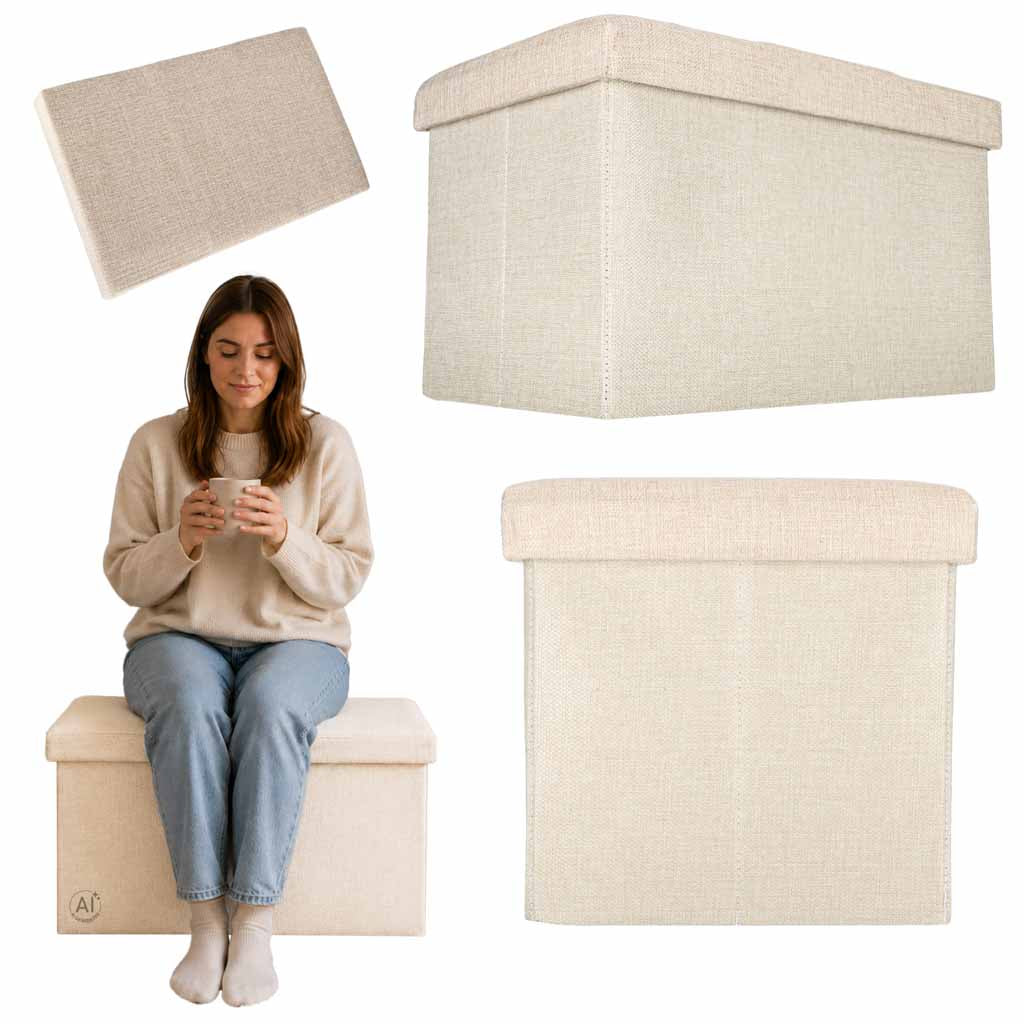Sitzhocker mit Stauraum, aufklappbar und zusammenklappbar, 50 x 31 x 31 cm, beige