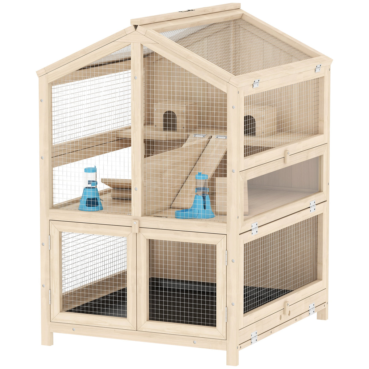 PawHut Hamsterkäfig Kiefernholz 3 Etagen Nagerkäfig Kleintierkäfig mit Hütten Wippen Rampen Wasserschalen