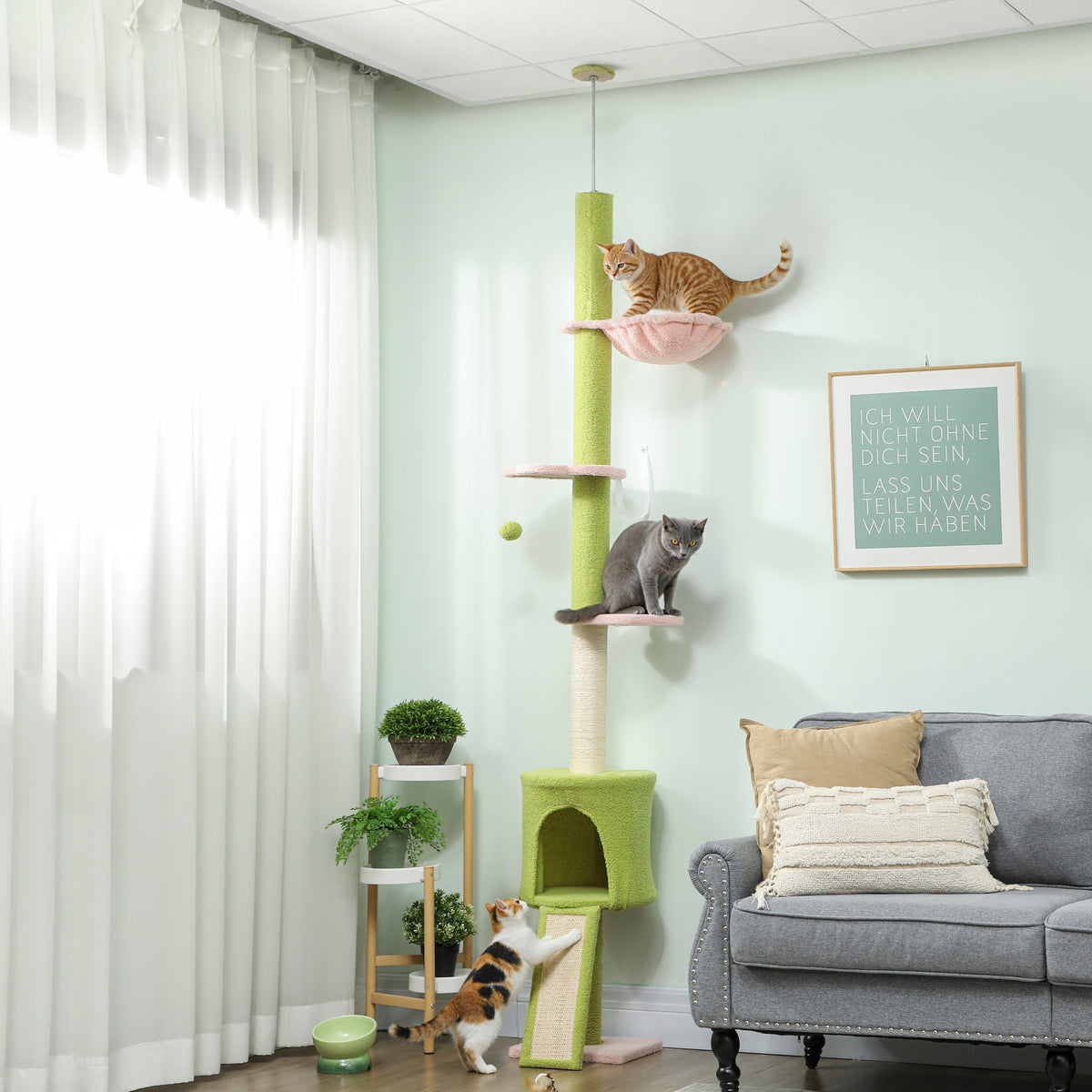 PawHut Katzenbaum, Höhle, Hängematte, verstellbare Höhe, Kratzbaum mit Stoffbezug, Grün – Produktabbildung 2