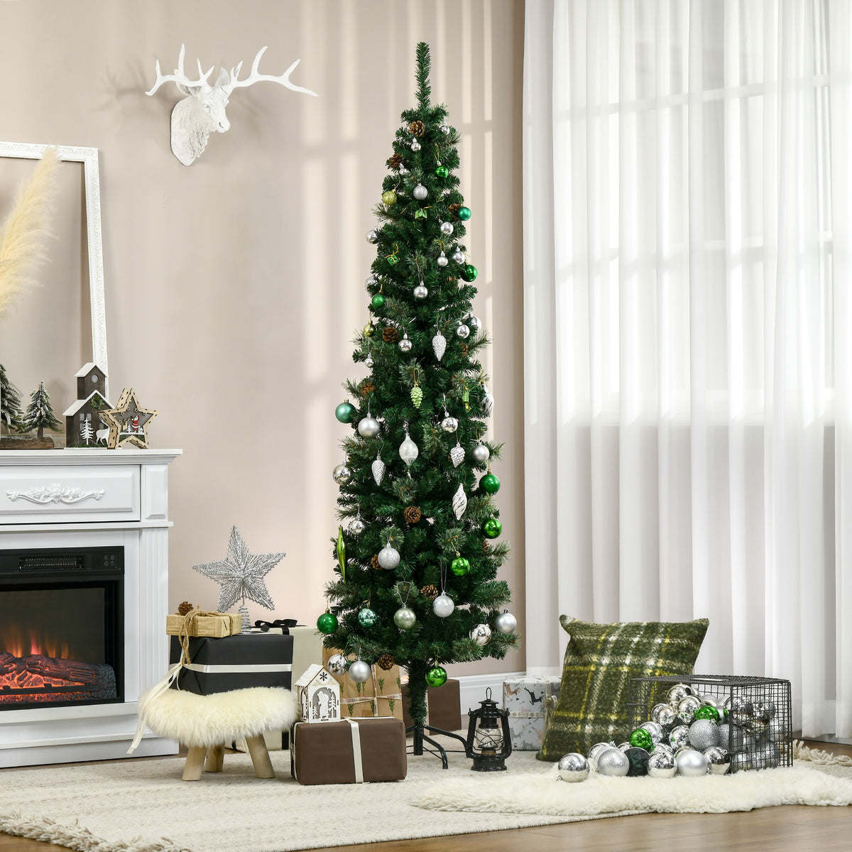 HOMCOM Künstlicher Weihnachtsbaum, schlank, Tannenzapfen, flammenhemmend, 54 x 195 cm, Grün – Produktabbildung 2