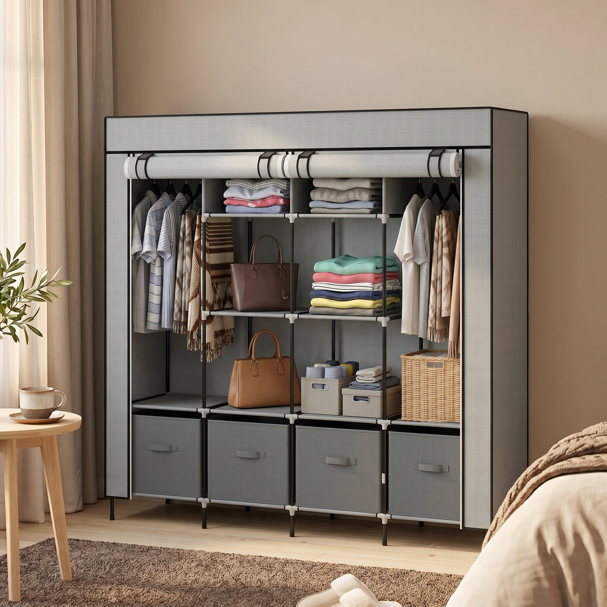 HOMCOM Kleiderschrank Stoffschrank, Türen, 2 Kleiderstangen, 10 Fächer, Grau – Produktabbildung 2
