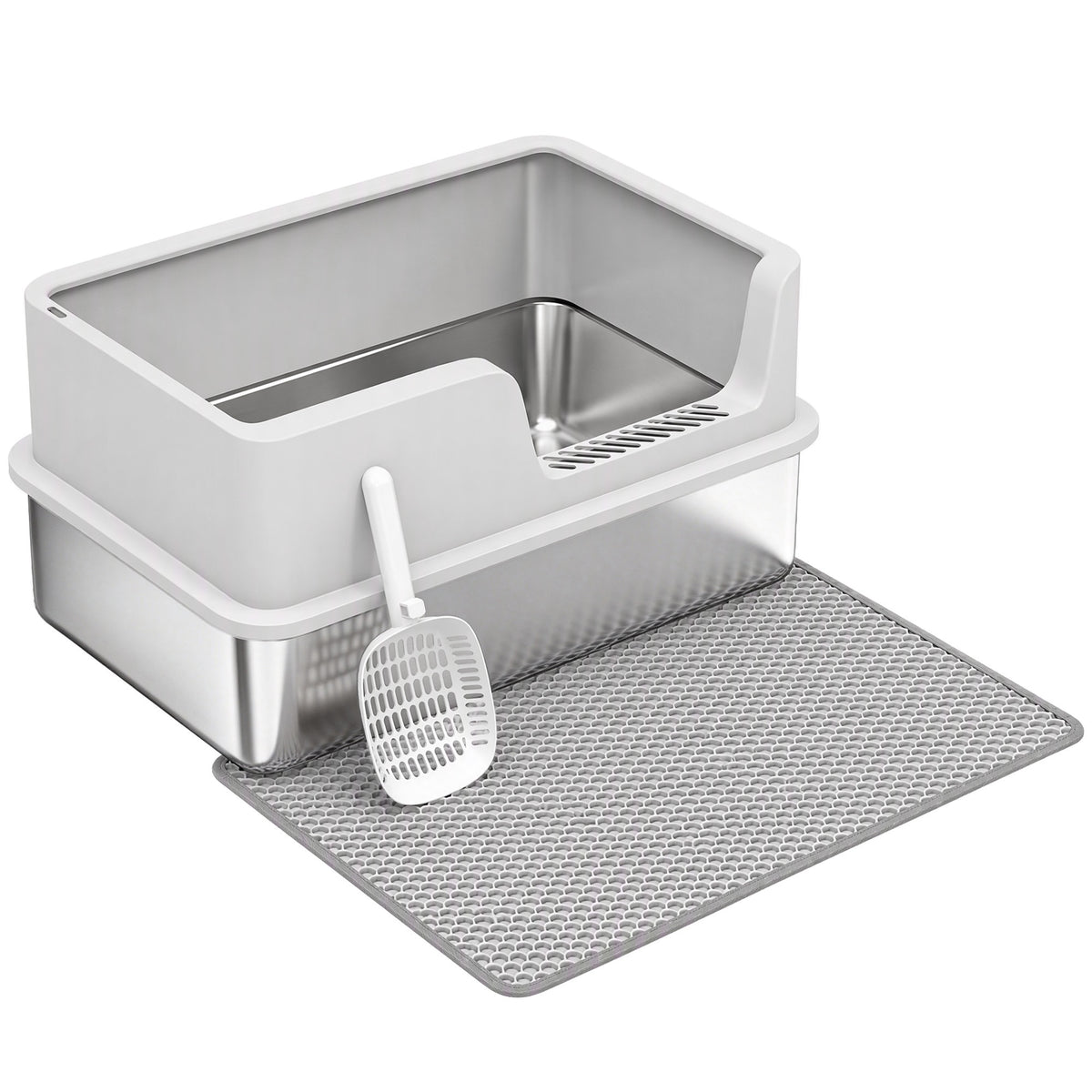 PawHut Katzentoilette XL Edelstahl mit Deckel, hohe Seitenwände, Schaufel Bürste Matte für Kätzchen bis 8 kg