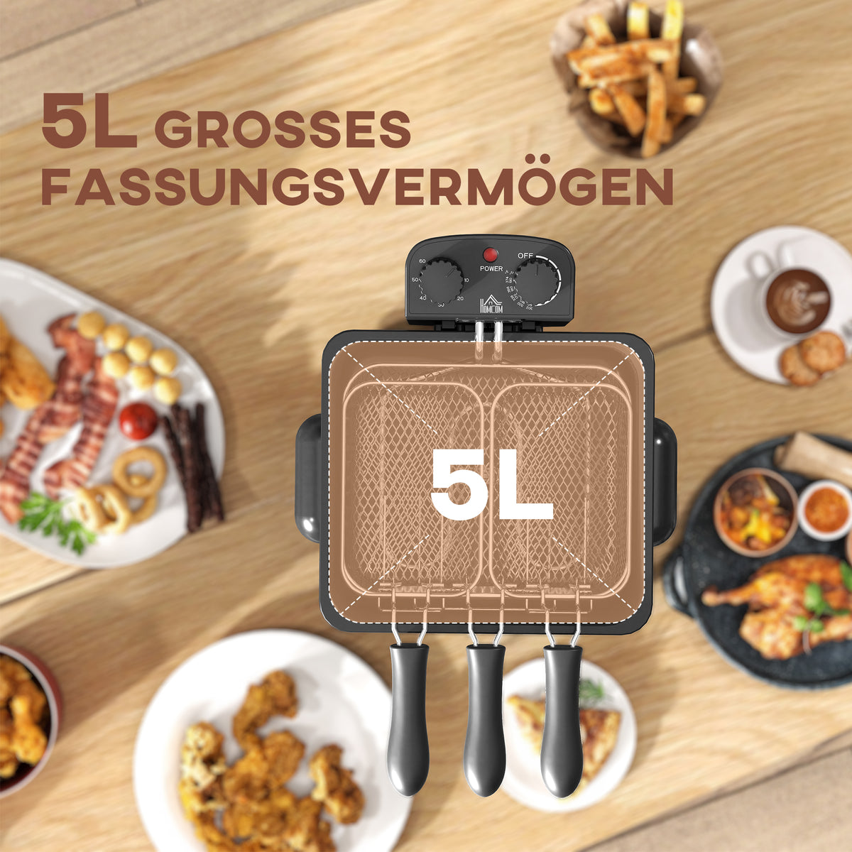 HOMCOM Fritteuse, 5 L Ölkapazität, Timer, Sichtfenster, 2000W Leistung, Silberfarben – Produktabbildung 8