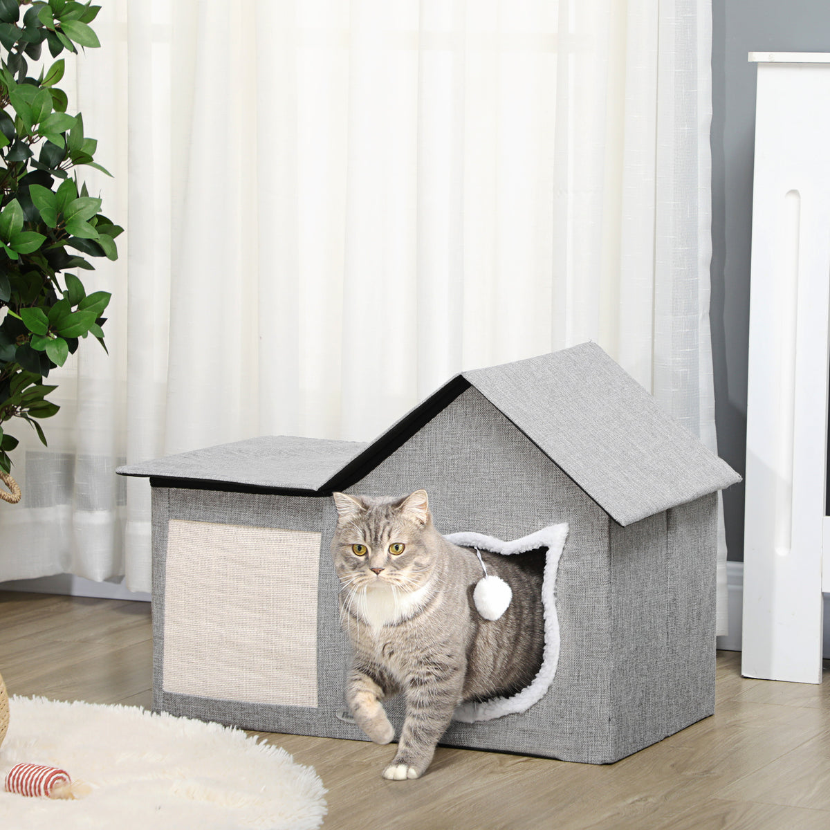 PawHut Katzenhaus mit Kratzfläche, inkl. Spielball, Katzenhöhle, 65 cm x 41 cm x 45.5H cm, Braun + Weiß – Produktabbildung 10