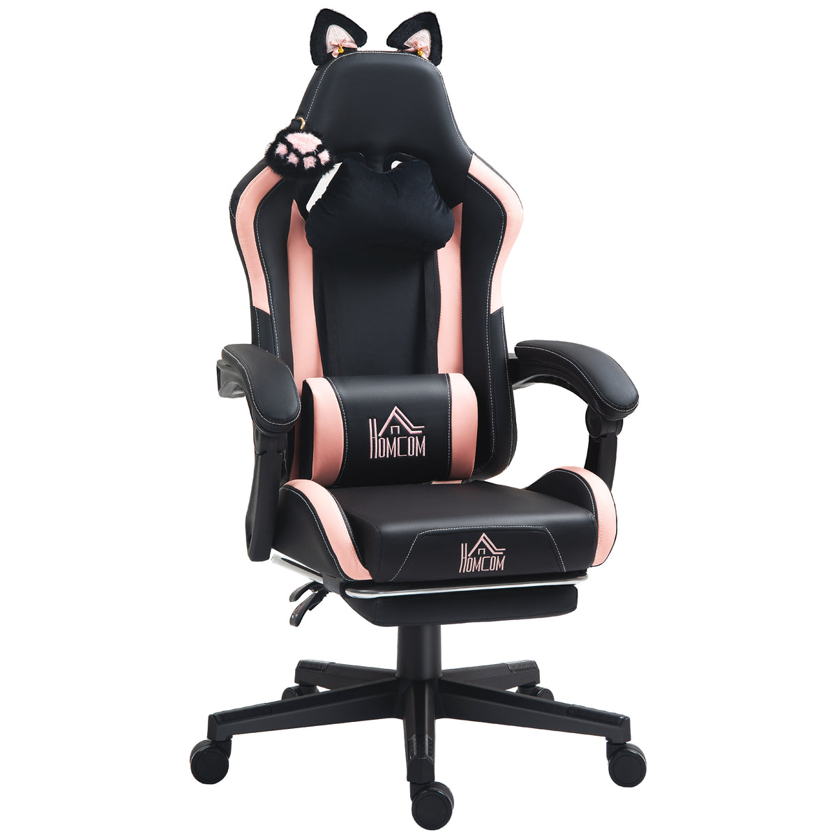 HOMCOM Gaming-Sessel mit Katzenohren, neigbare Lehne, ausziehbare Fußstütze, bis 120 kg, Rosa/Schwarz