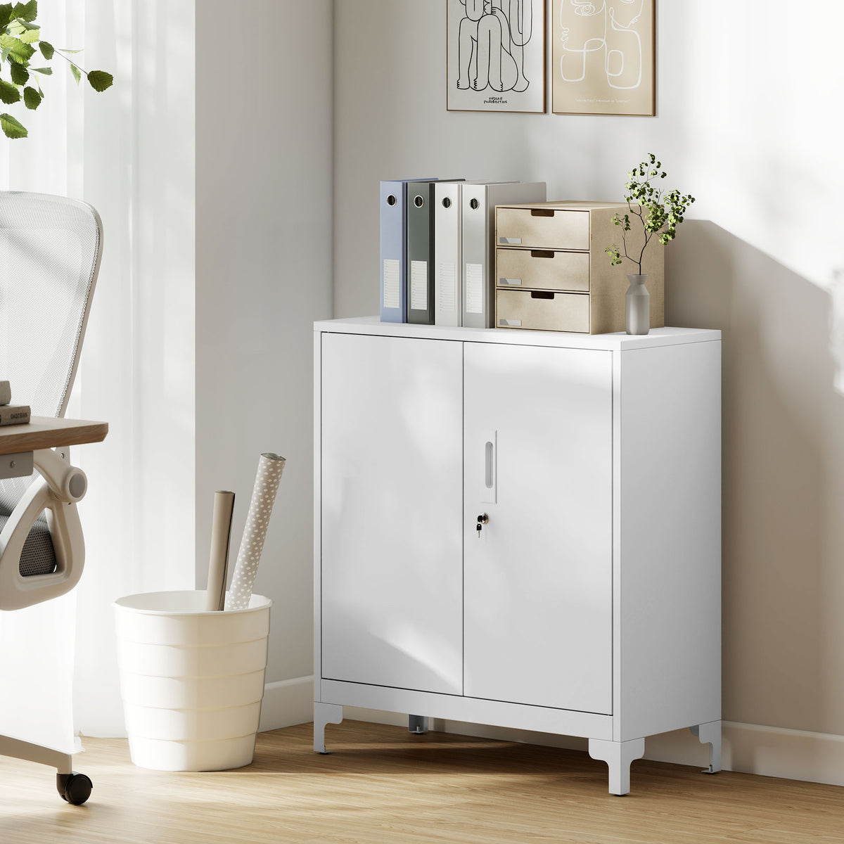 HOMCOM Büroschrank aus Metall, verschließbare Türen, Bürokommode, 2-stufiges Design, Weiß – Produktabbildung 2