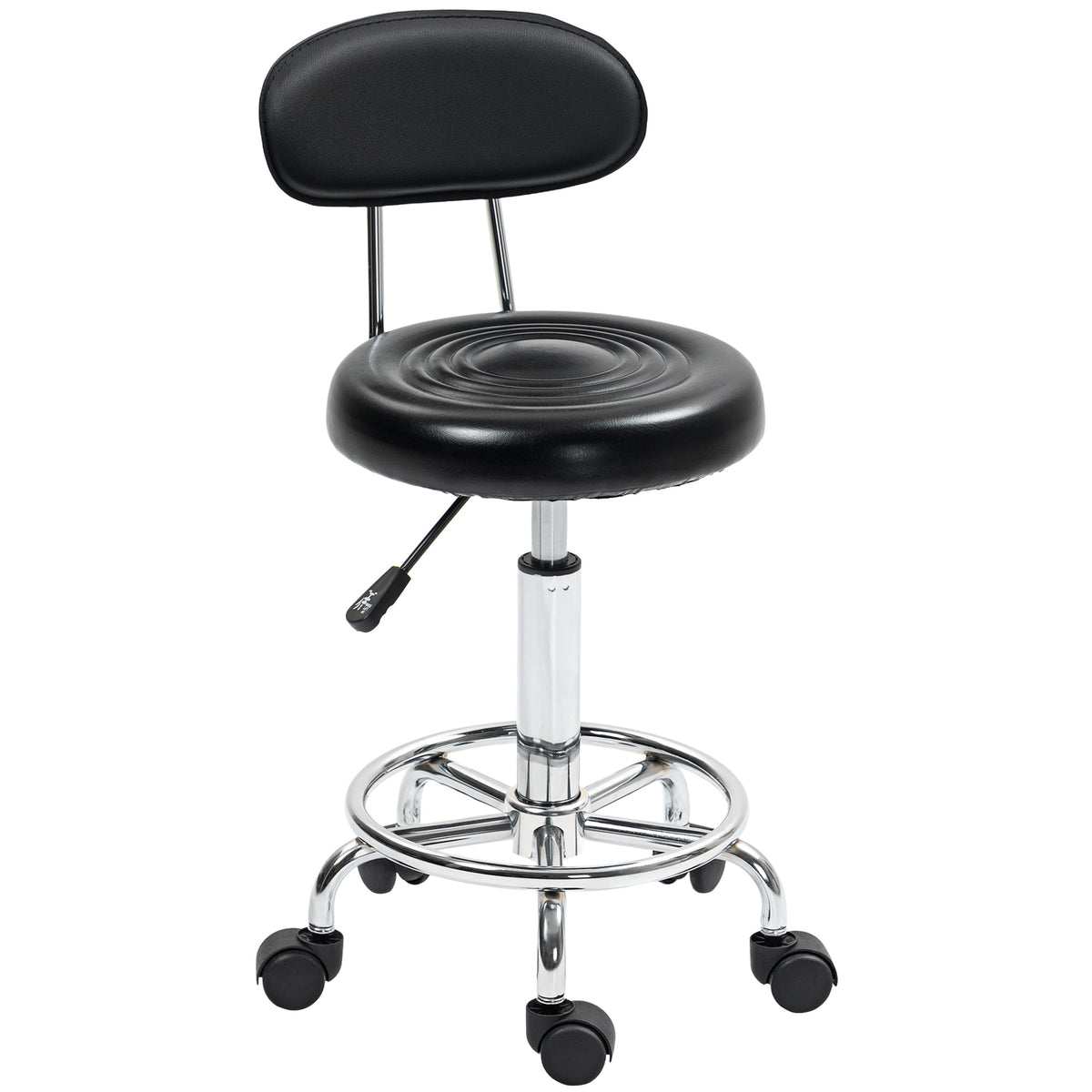 HOMCOM Rollhocker, Drehbarer und verstellbarer Hocker mit Rückenlehne, Kunstlederbezug, Fußstütze, für
