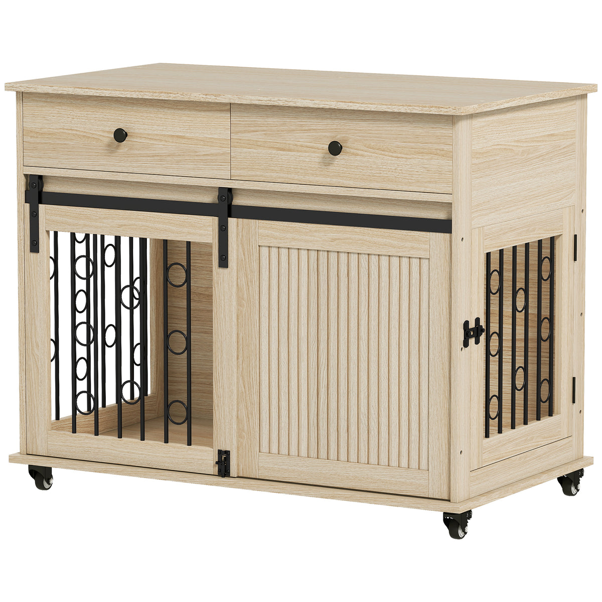 PawHut Hundebox auf Rädern, 2 Türen, 2 Schubladen, für mittlere und große Hunde, Holz, Stahl